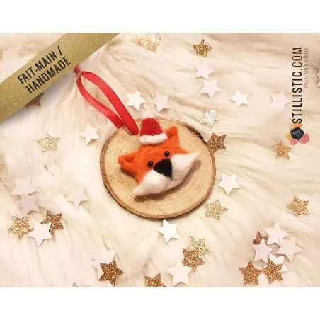 Décoration sapin de Noël Naturel Renard coeur Fait-main bois et laine feutrée à l'aiguille