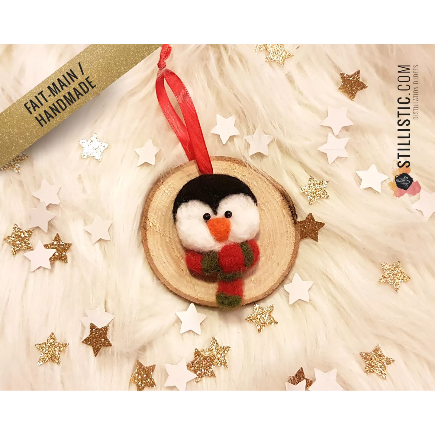 Décoration sapin de Noël Naturel Pingouin Fait-main bois et laine feutrée à l'aiguille