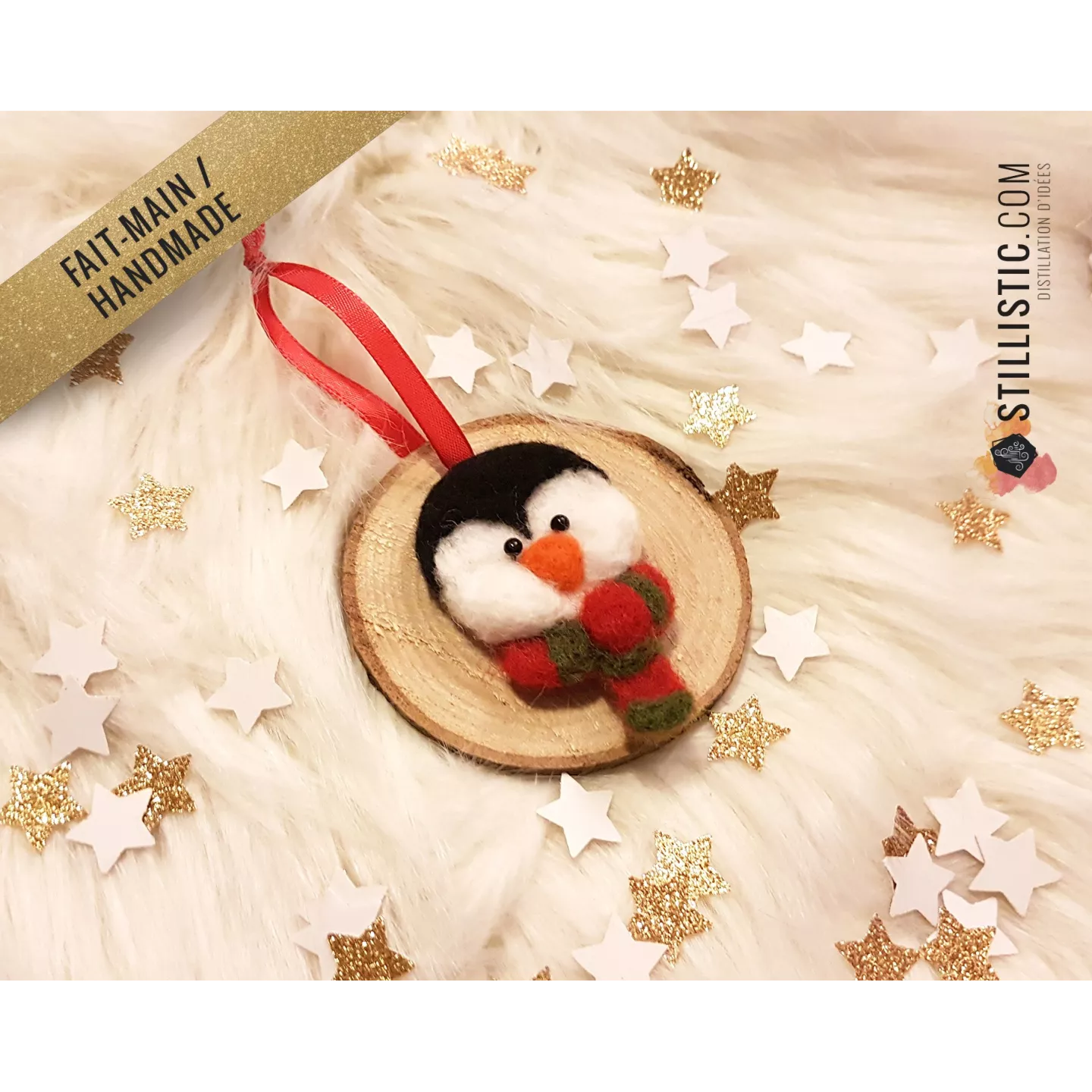 Décoration sapin de Noël Naturel Pingouin Fait-main bois et laine feutrée à l'aiguille