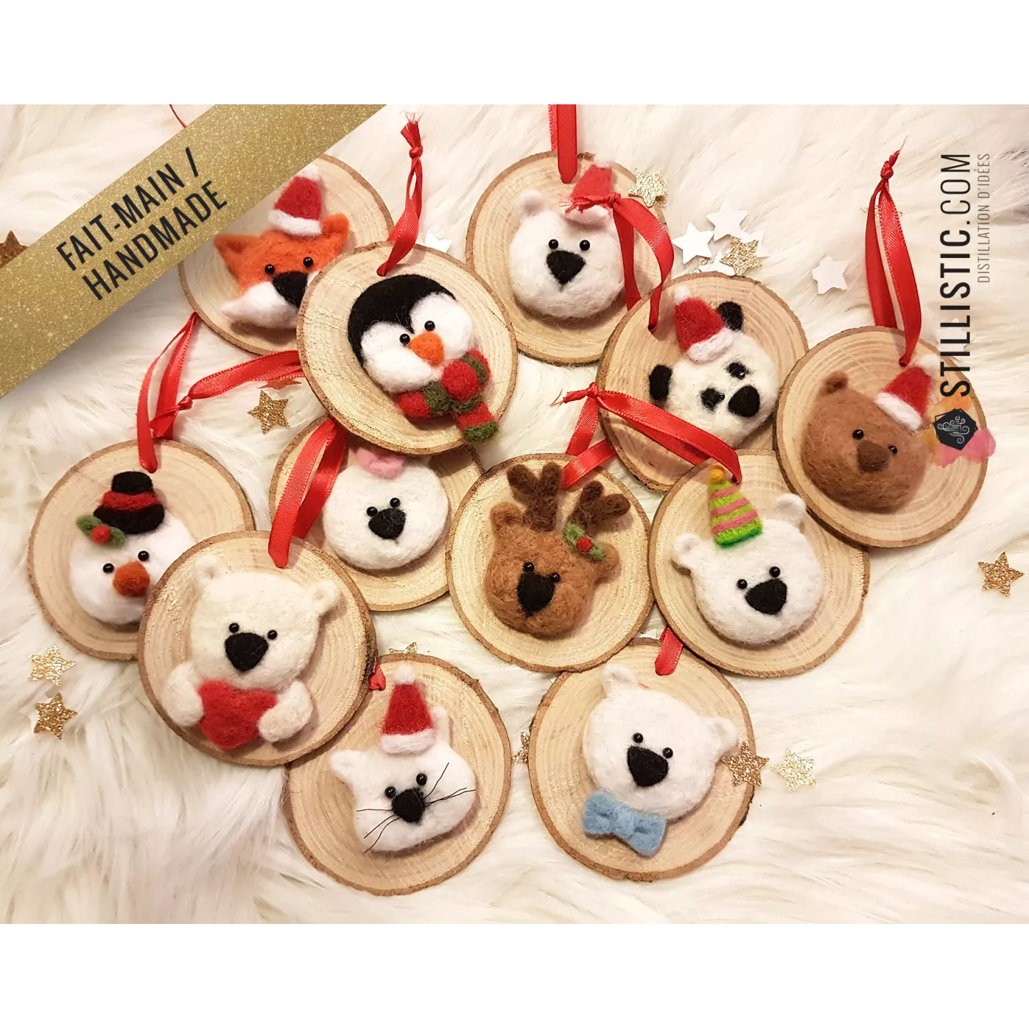 Décoration sapin de Noël Naturel Renne Fait-main bois et laine feutrée à l'aiguille