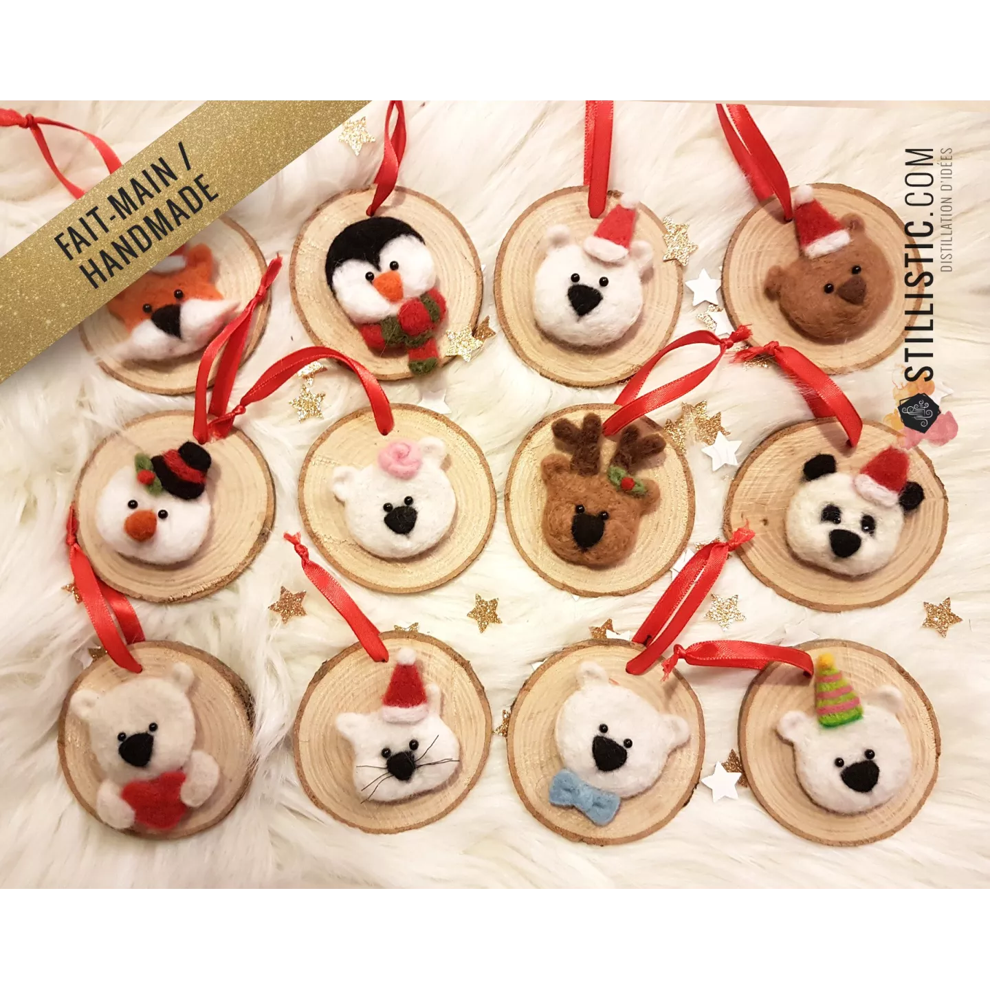 Décoration sapin de Noël Naturel Renne Fait-main bois et laine feutrée à l'aiguille