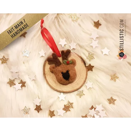 Décoration sapin de Noël Naturel Renne Fait-main bois et laine feutrée à l'aiguille