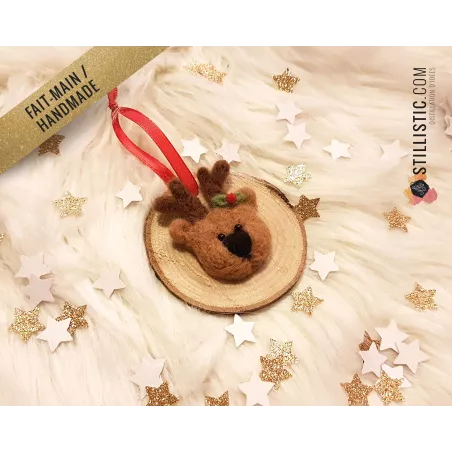 Décoration sapin de Noël Naturel Renne Fait-main bois et laine feutrée à l'aiguille