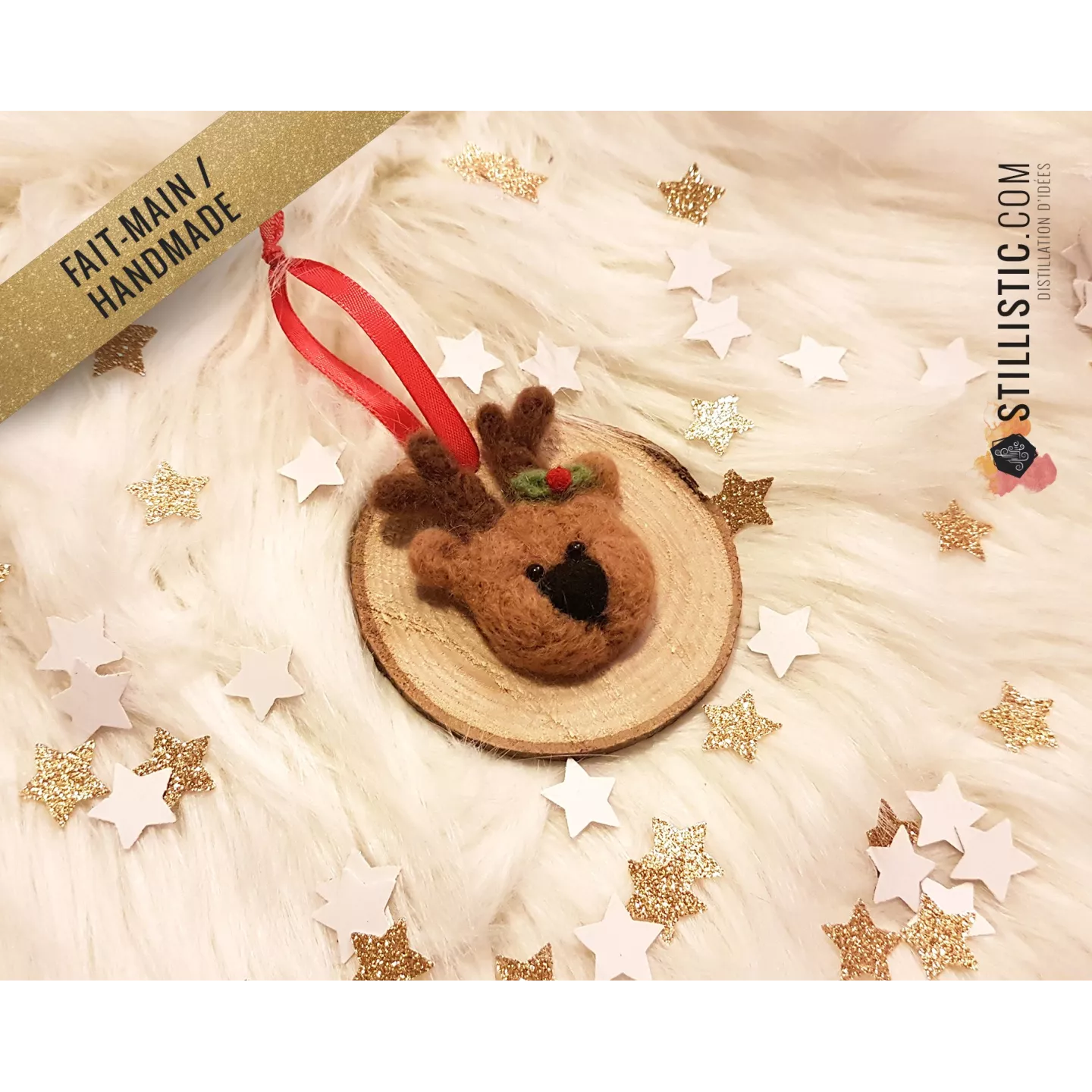 Décoration sapin de Noël Naturel Renne Fait-main bois et laine feutrée à l'aiguille