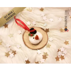 Décoration sapin de Noël Naturel Bonhomme de neige Fait-main bois et laine feutrée à l'aiguille