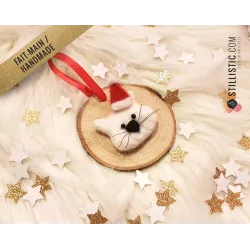Décoration sapin de Noël Naturel Chat Fait-main bois et laine feutrée à l'aiguille