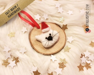 Décoration sapin de Noël Naturel Chat Fait-main bois et laine feutrée à l'aiguille