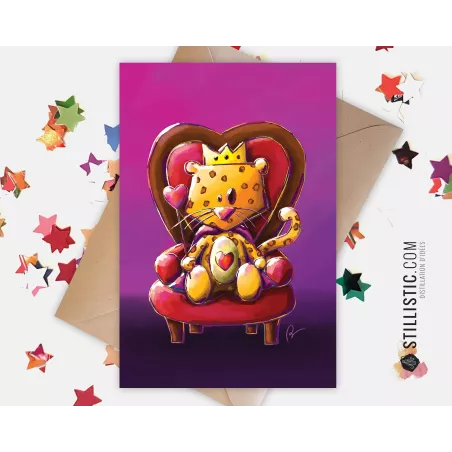 Carte de voeux papier 350g avec Illustration Originale Léopard Roi des Coeurs pour Fête des mères Amour Saint-Valentin