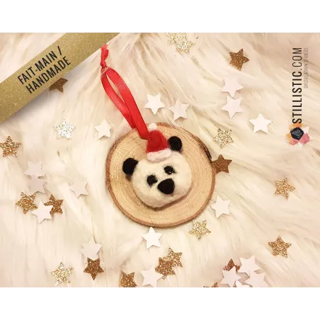 Décoration sapin de Noël Naturel Panda Fait-main bois et laine feutrée à l'aiguille