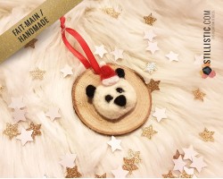 Décoration sapin de Noël Naturel Panda Fait-main bois et laine feutrée à l'aiguille