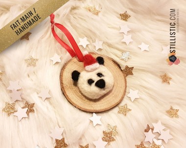 Décoration sapin de Noël Naturel Panda Fait-main bois et laine feutrée à l'aiguille
