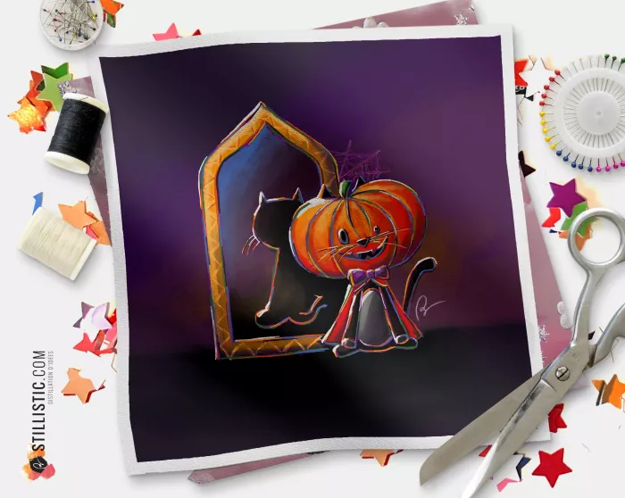 Coupon illustré Chat citrouille coton ou minky