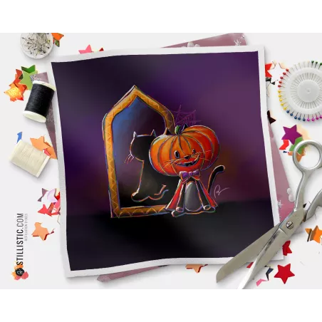 Coupon illustré Chat citrouille coton ou minky