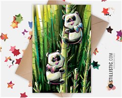 Carte de voeux papier 350g avec Illustration Originale Pandas et bambous pour Amitié Anniversaire Naissance