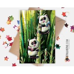 Carte de voeux papier 350g avec Illustration Originale Pandas et bambous pour Amitié Anniversaire Naissance