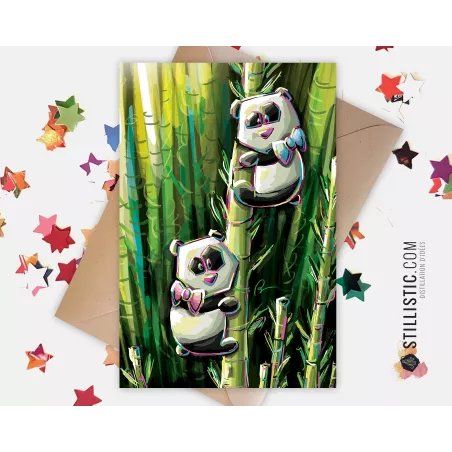 Carte de voeux papier 350g avec Illustration Originale Pandas et bambous pour Amitié Anniversaire Naissance