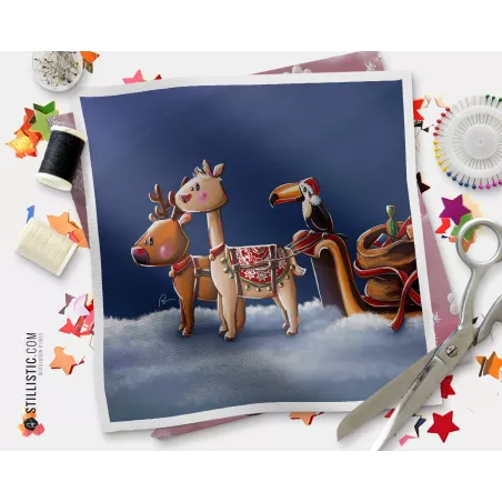 Coupon tissu illustré Noël traineau coton ou minky