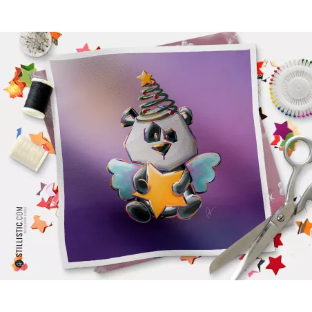 Coupon tissu illustré Noël panda étoile coton ou minky