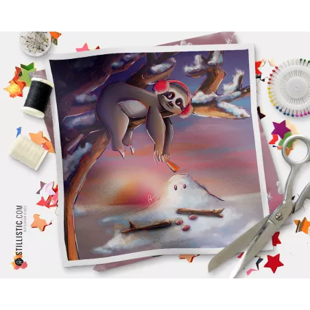 Coupon tissu illustré Paresseux Bonhomme de neige coton ou minky