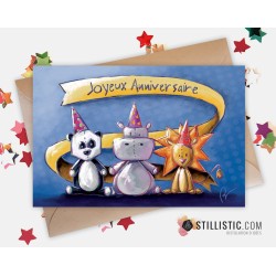 Carte de voeux papier 350g avec Illustration Originale Joyeux anniversaire Panda Lion & Hippopotame