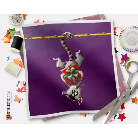 Coupon tissu illustré Noël Maki-catta coton ou minky