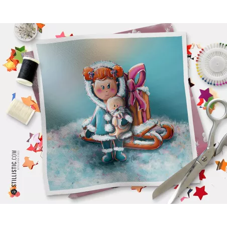 Coupon tissu illustré Fillette esquimau coton ou minky