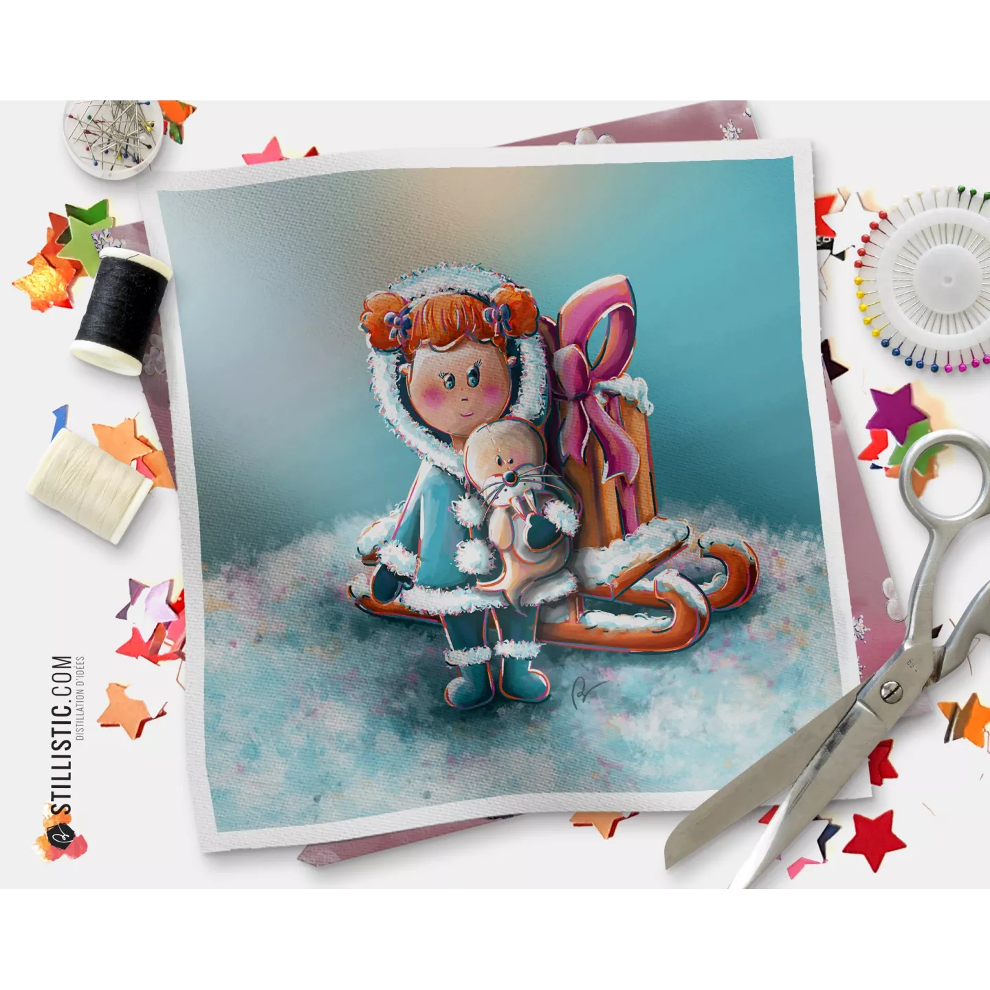 Coupon tissu illustré Fillette esquimau coton ou minky