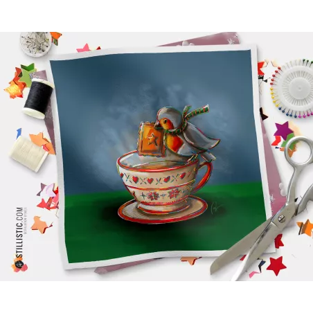 Coupon tissu illustré Noël Rouge-gorge coton ou minky