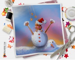Coupon tissu illustré Noël Loutre Bonhomme neige coton ou minky
