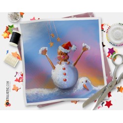 Coupon tissu illustré Noël Loutre Bonhomme neige coton ou minky