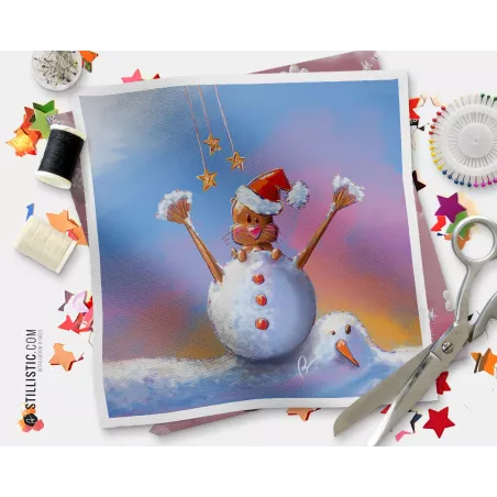 Coupon tissu illustré Noël Loutre Bonhomme neige coton ou minky
