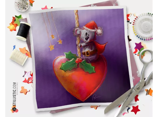 Coupon tissu illustré Noël Koala coton ou minky