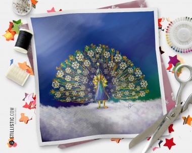 Coupon tissu illustré Noël Paon neige coton ou minky