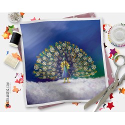 Coupon tissu illustré Noël Paon neige coton ou minky