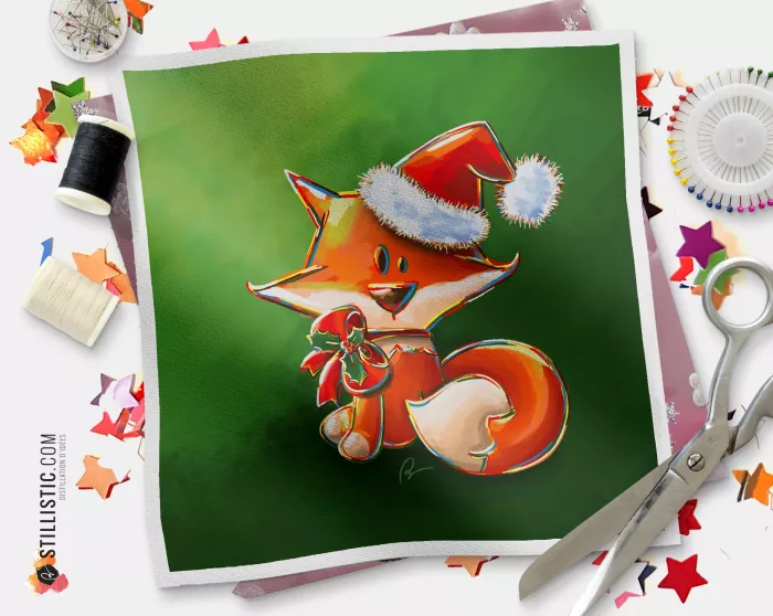 Coupon tissu illustré Noël Renard coton ou minky