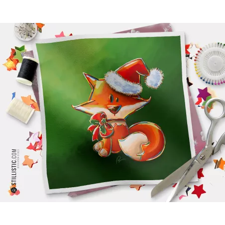 Coupon tissu illustré Noël Renard coton ou minky