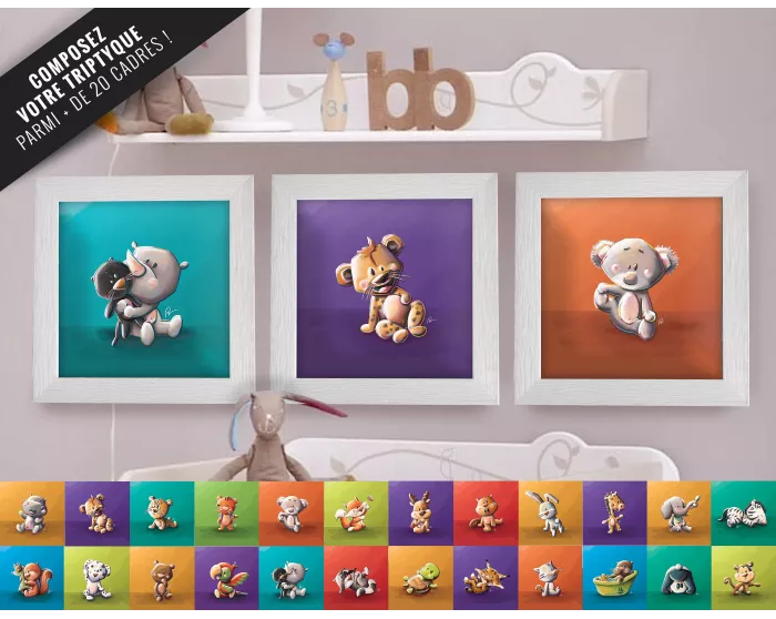 Triptyque lot de 3 Cadres carrés avec Illustration Animaux à composer pour Chambre Enfant bébé 25x25cm