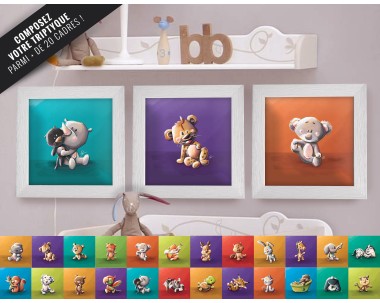 Triptyque lot de 3 Cadres carrés avec Illustration Animaux à composer pour Chambre Enfant bébé 25x25cm