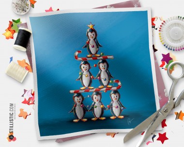 Coupon tissu illustré Noël Pingouins coton ou minky