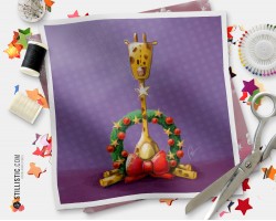 Coupon tissu illustré Noël Girafe coton ou minky