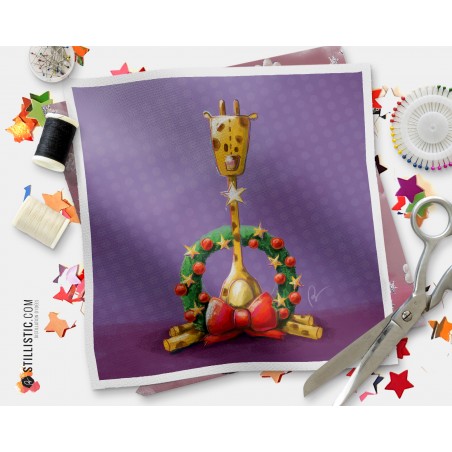 Coupon tissu illustré Noël Girafe coton ou minky