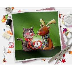 Coupon tissu illustré Renne Chat Saint-Valentin coton ou minky