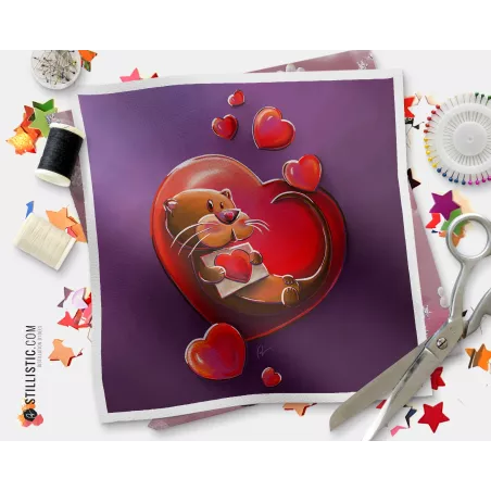 Coupon tissu illustré Loutre Saint-Valentin coton ou minky