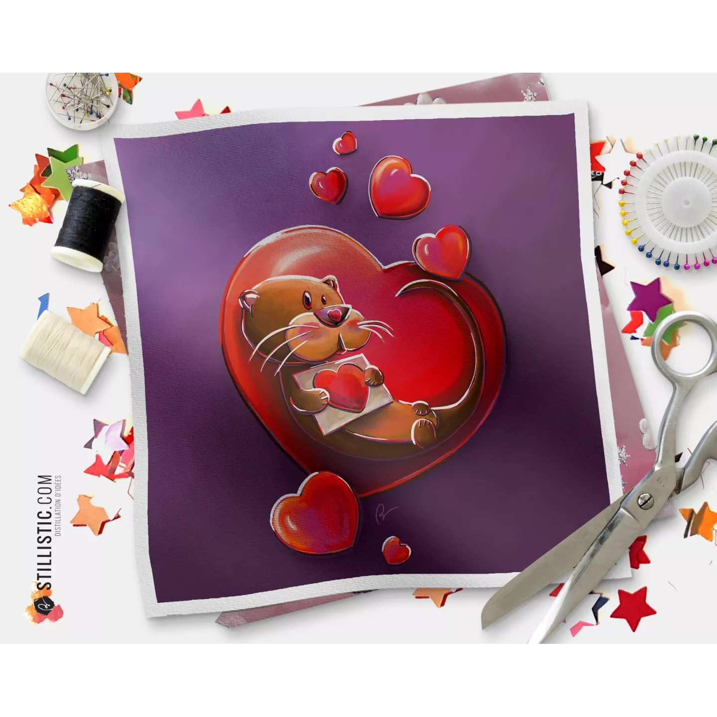 Coupon tissu illustré Loutre Saint-Valentin coton ou minky
