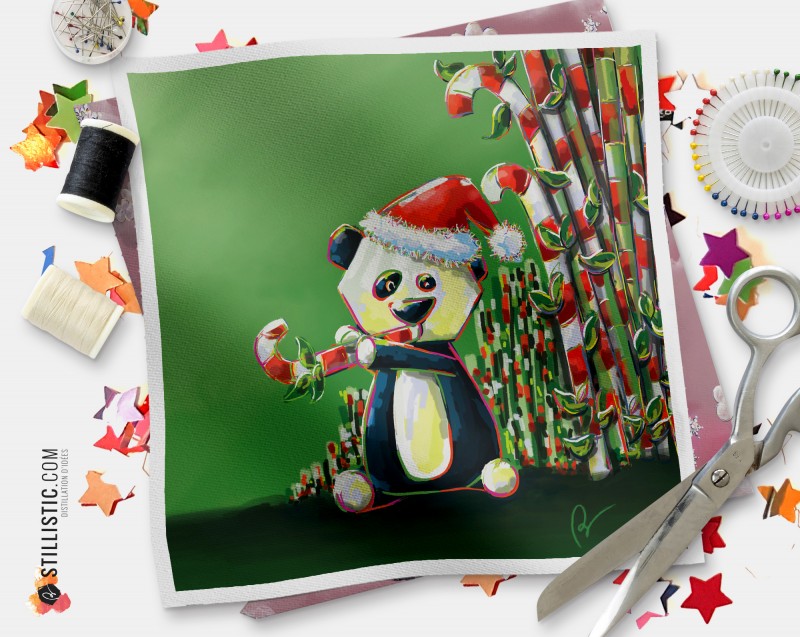Coupon tissu illustré Panda Noël coton ou minky