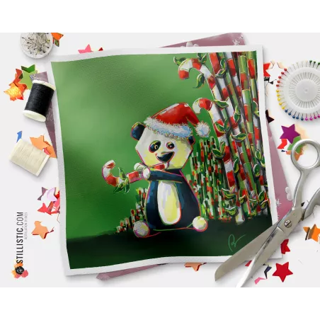 Coupon tissu illustré Panda Noël coton ou minky