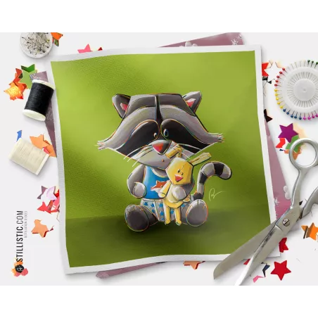 Coupon tissu illustré Raton-Laveur coton ou minky