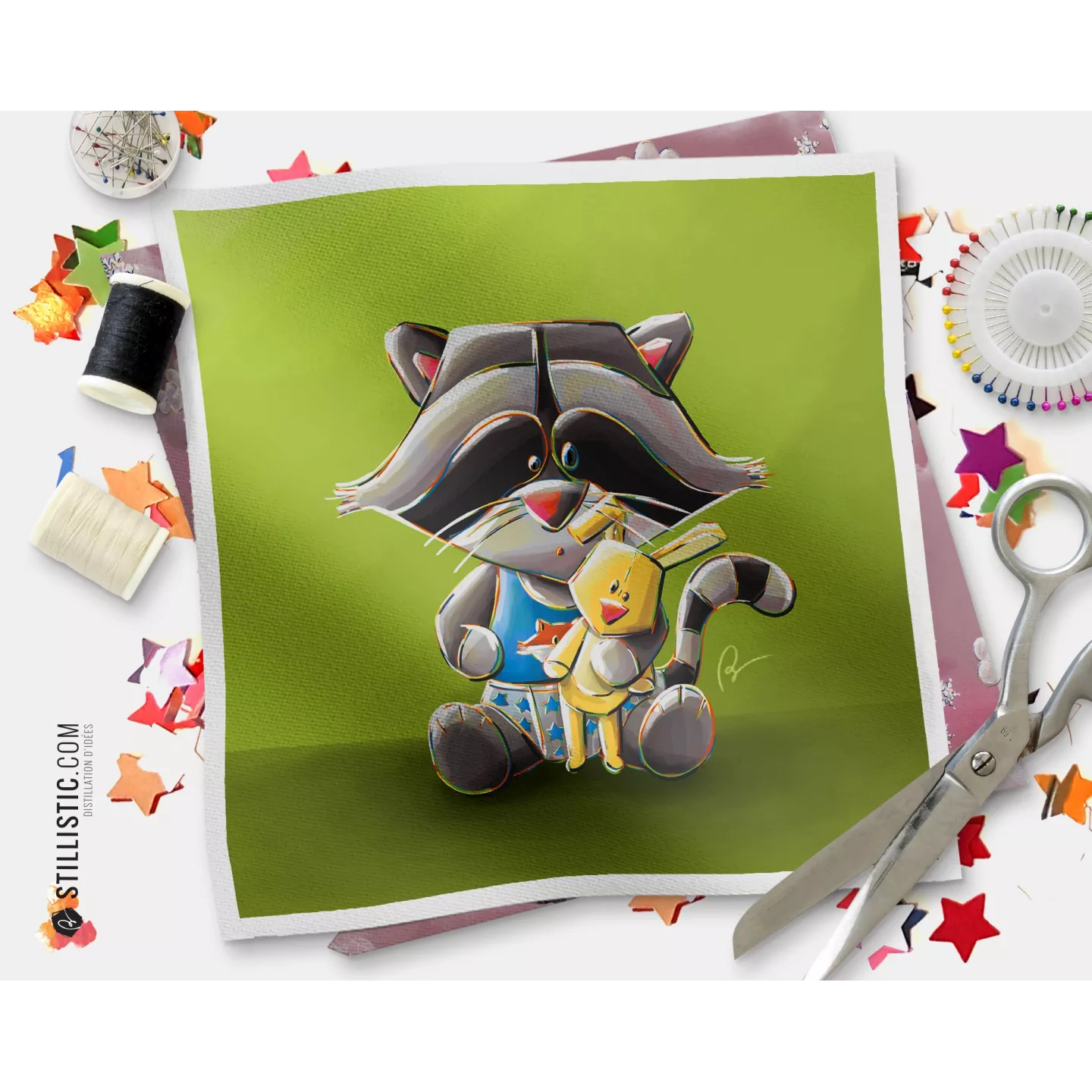 Coupon tissu illustré Raton-Laveur coton ou minky