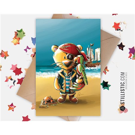 Carte de voeux papier 350g avec Illustration Originale Lion pirate et perroquet pour Amitié Anniversaire