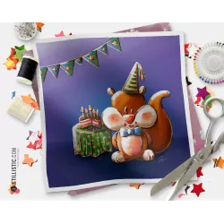 Coupon tissu illustré Ecureuil anniversaire coton ou minky